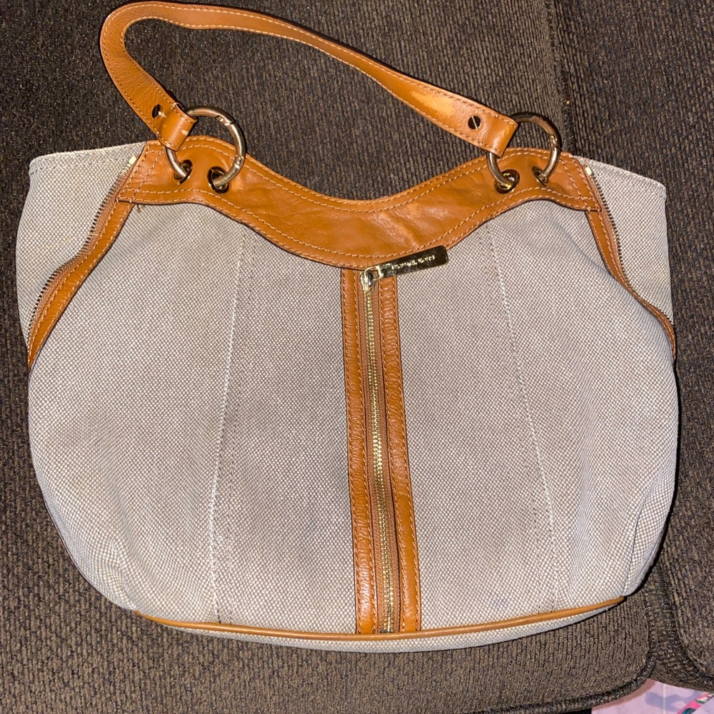KORS Michael Kors Tan and Gray Shoulder Bag with Leather Accents